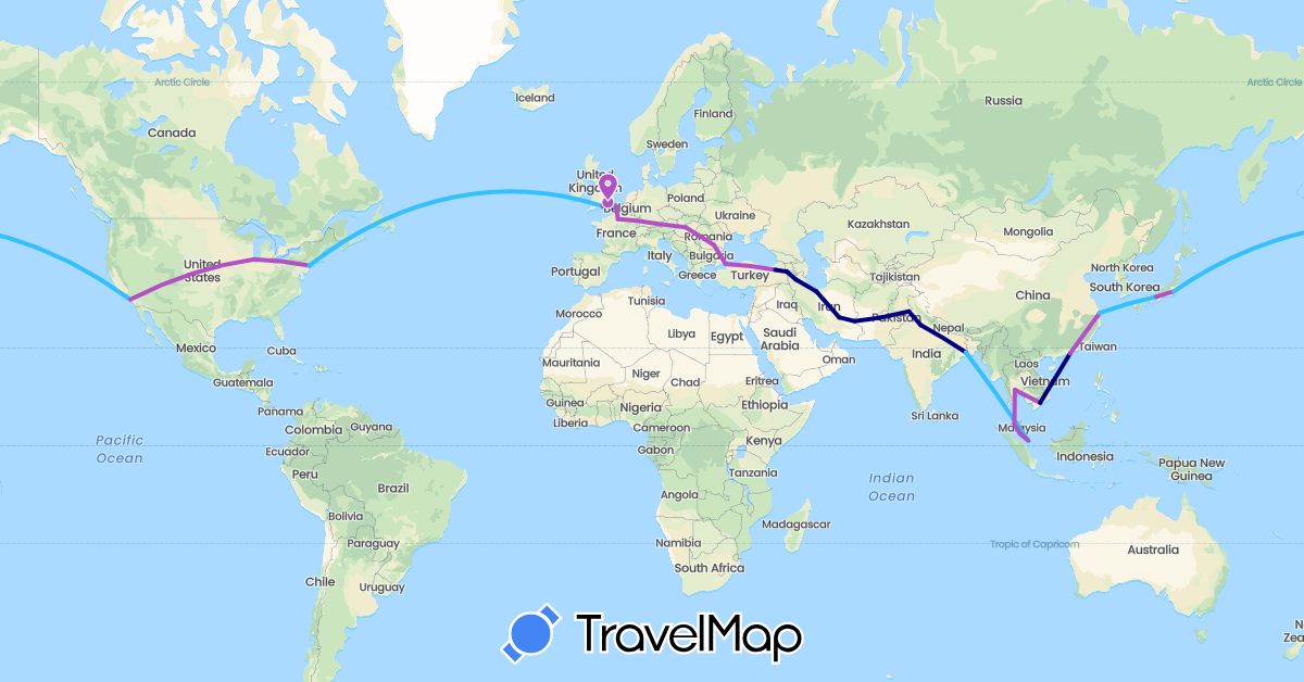 TravelMap itinerary: driving, train, boat in China, Germany, France, United Kingdom, Hungary, India, Iran, Japan, Malaysia, Pakistan, Romania, Singapore, Thailand, Turkey, United States, Vietnam (Asia, Europe, North America)